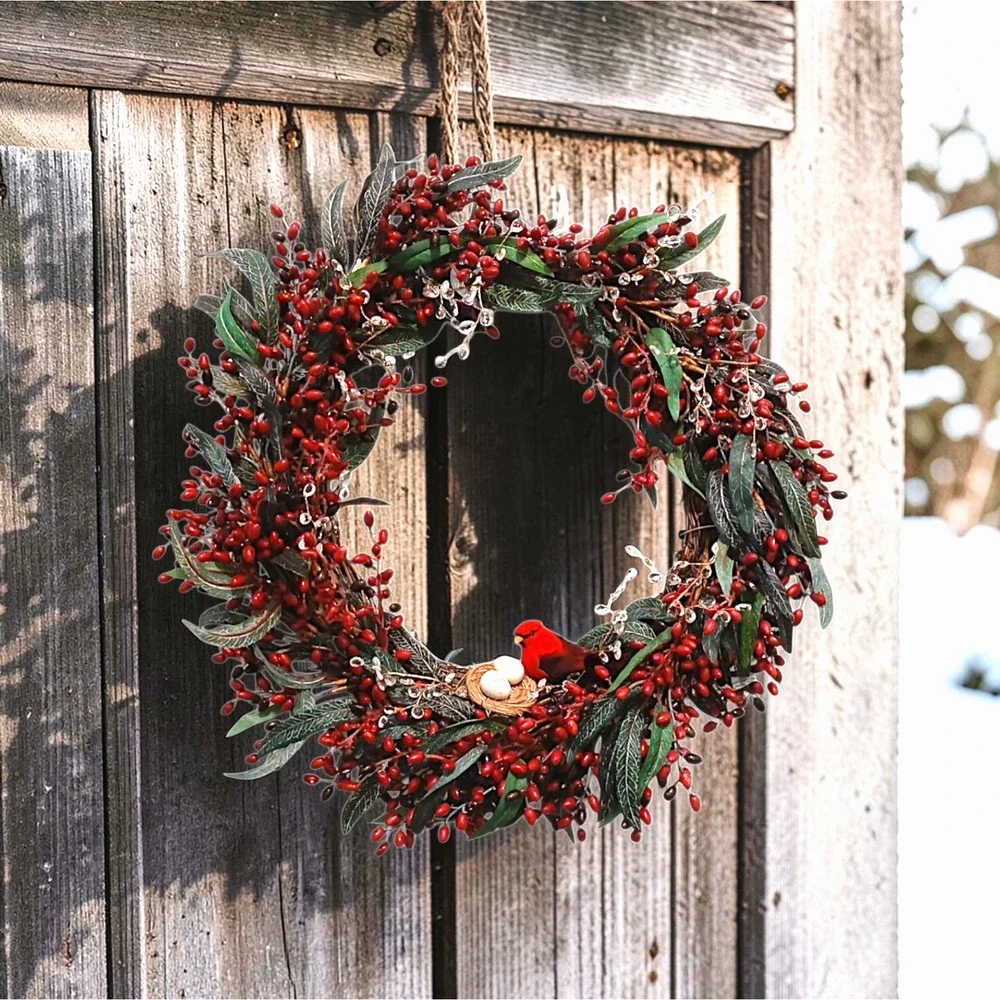 Winter Berries Door Wreath Realistic Red CARDINAL‎ Egg Nest Holiday Ice Crystals